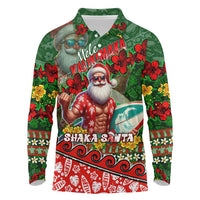 Mele Kalikimaka Shaka Santa Long Sleeve Polo Shirt Hawaiian Surf Christmas Design with Aloha Spirit DT02 Green - Polynesian Pride