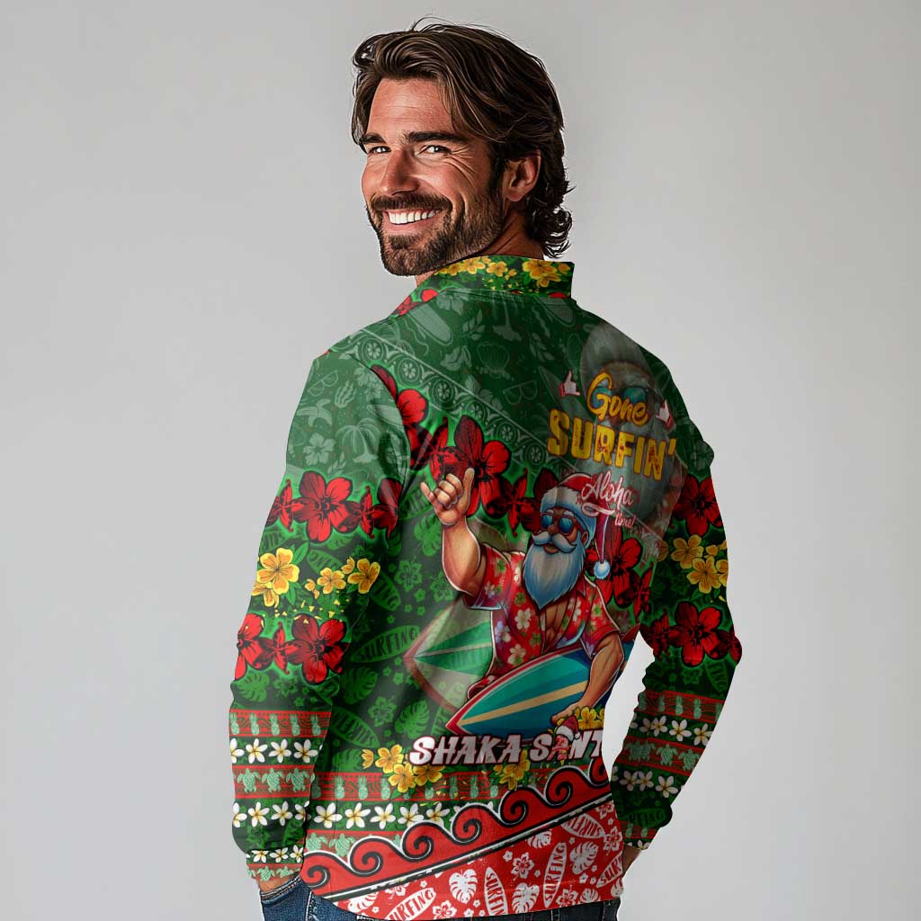 Mele Kalikimaka Shaka Santa Long Sleeve Polo Shirt Hawaiian Surf Christmas Design with Aloha Spirit DT02 - Polynesian Pride