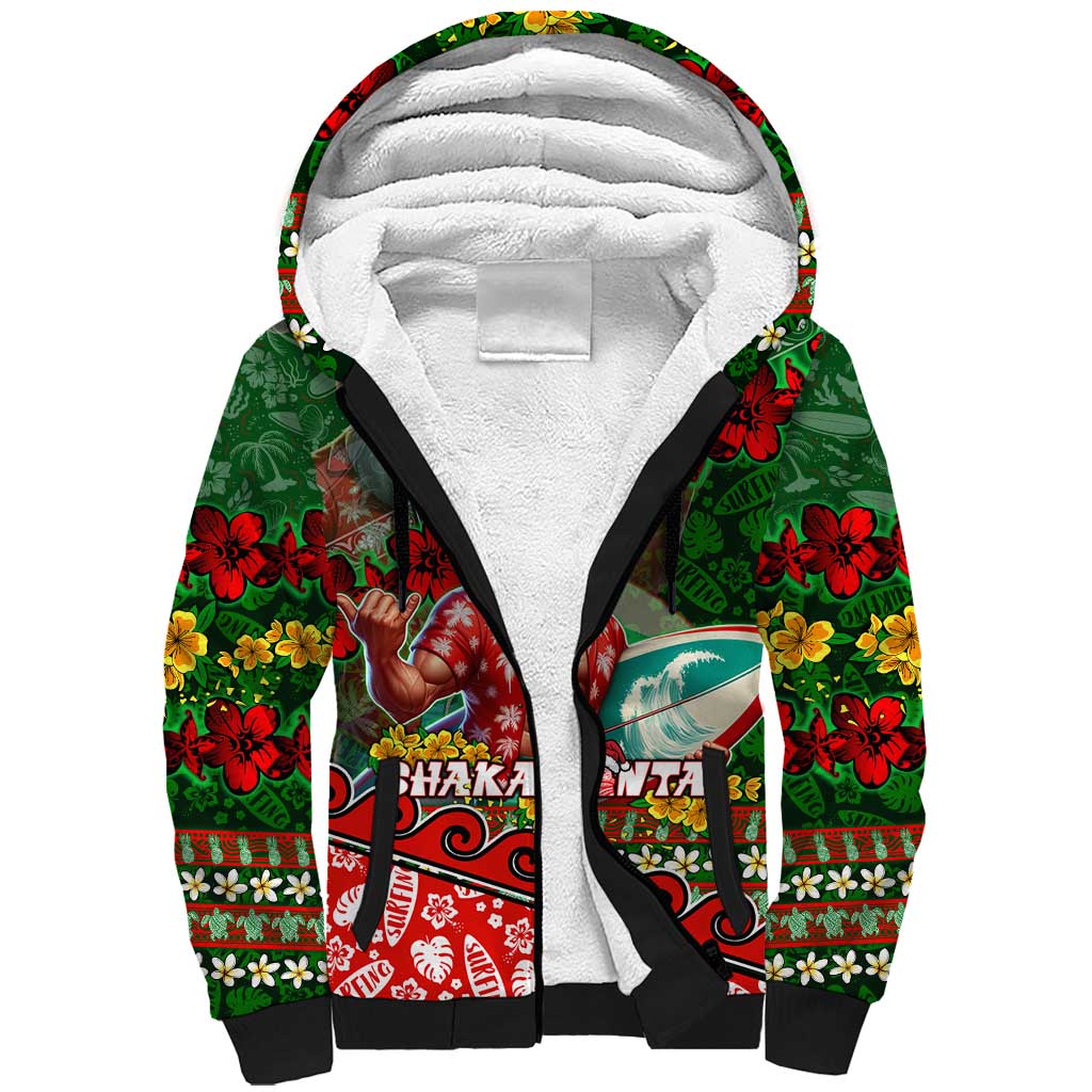 Mele Kalikimaka Shaka Santa Sherpa Hoodie Hawaiian Surf Christmas Design with Aloha Spirit DT02 Unisex Green - Polynesian Pride