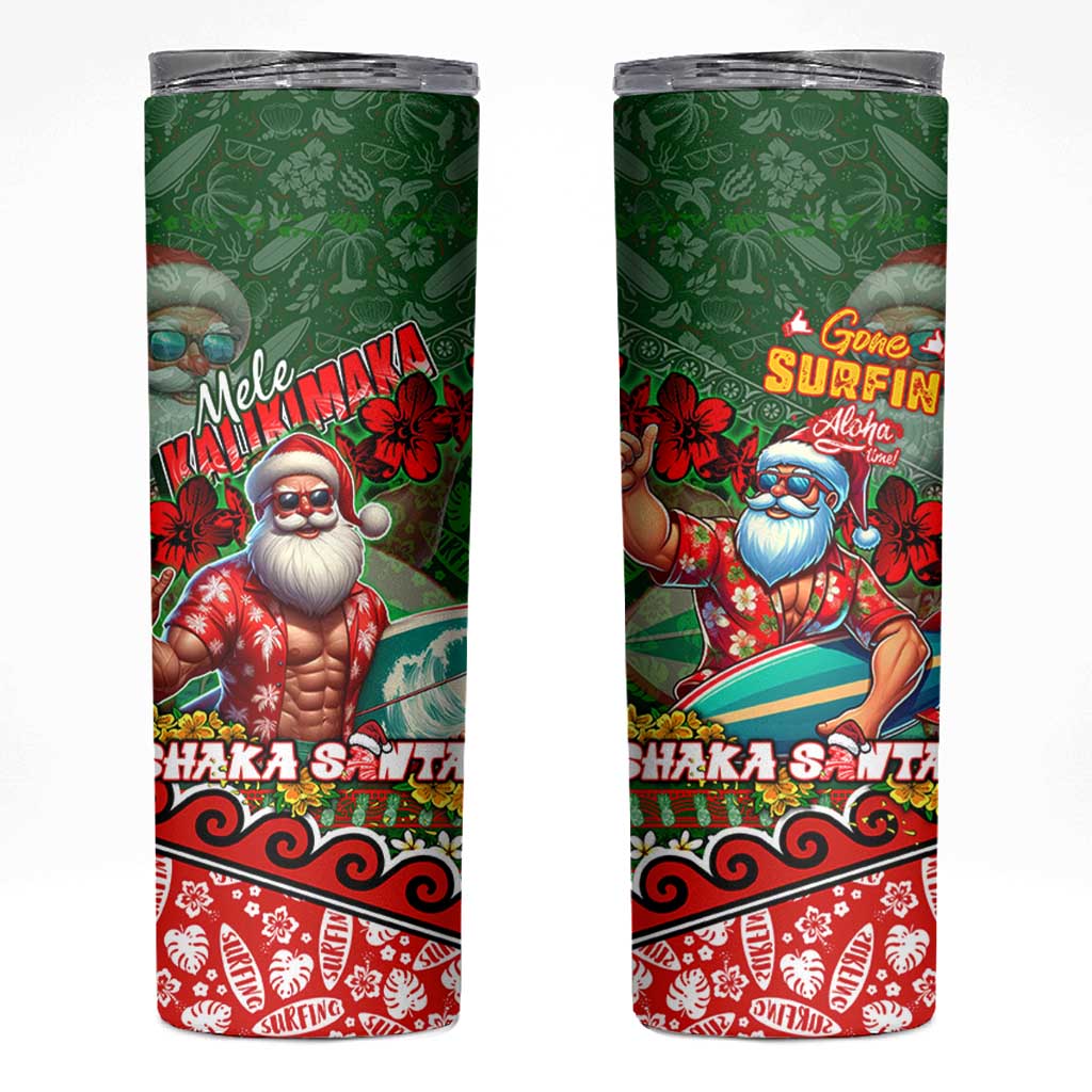 Mele Kalikimaka Shaka Santa Skinny Tumbler Hawaiian Surf Christmas Design with Aloha Spirit DT02 Green - Polynesian Pride