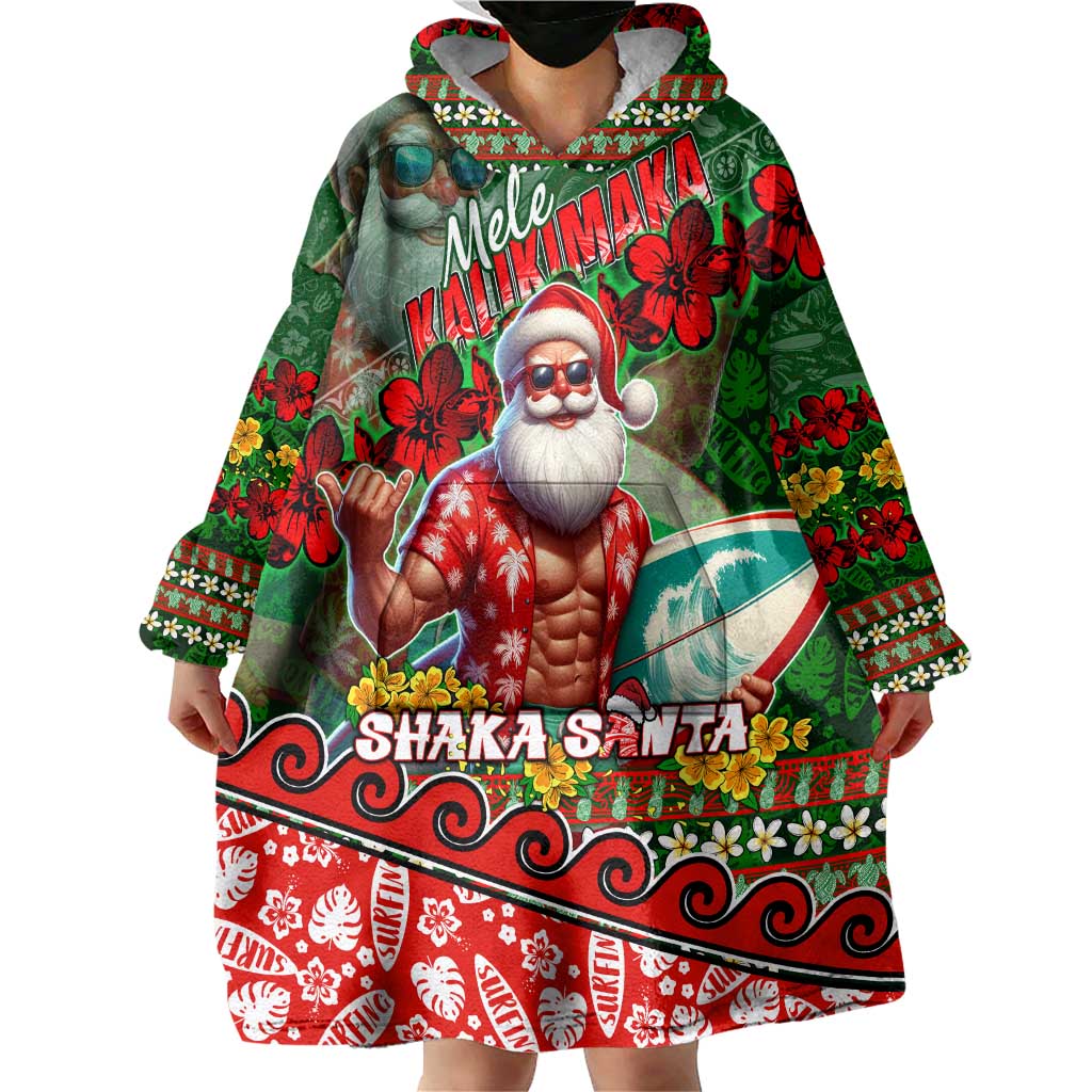 Mele Kalikimaka Shaka Santa Wearable Blanket Hoodie Hawaiian Surf Christmas Design with Aloha Spirit DT02 - Polynesian Pride