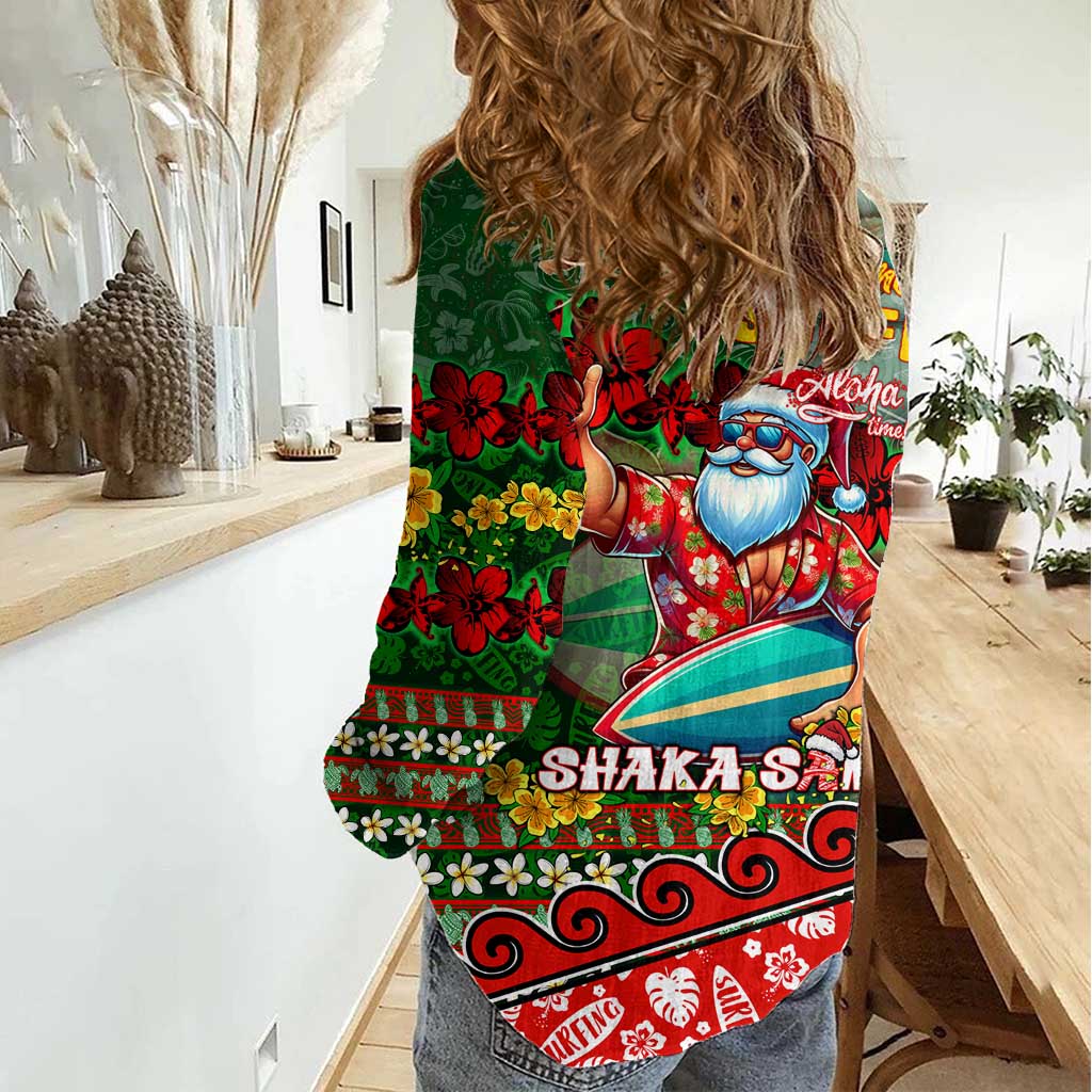 Mele Kalikimaka Shaka Santa Women Casual Shirt Hawaiian Surf Christmas Design with Aloha Spirit DT02 - Polynesian Pride