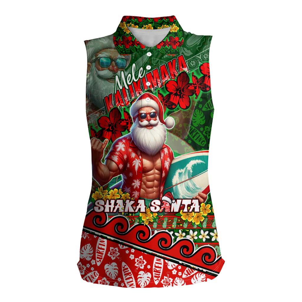 Mele Kalikimaka Shaka Santa Women Sleeveless Polo Shirt Hawaiian Surf Christmas Design with Aloha Spirit DT02 Female Green - Polynesian Pride
