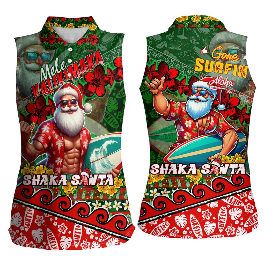 Mele Kalikimaka Shaka Santa Women Sleeveless Polo Shirt Hawaiian Surf Christmas Design with Aloha Spirit DT02 - Polynesian Pride