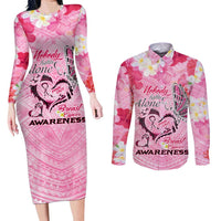 Butterfly Polynesia Breast Cancer Couples Matching Long Sleeve Bodycon Dress and Long Sleeve Button Shirt Nobody Fights Alone Pink Out Tropical Hibiscus