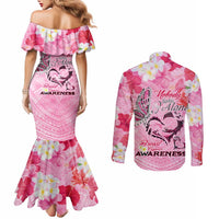 Butterfly Polynesia Breast Cancer Couples Matching Mermaid Dress and Long Sleeve Button Shirt Nobody Fights Alone Pink Out Tropical Hibiscus