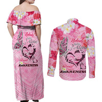Butterfly Polynesia Breast Cancer Couples Matching Off Shoulder Maxi Dress and Long Sleeve Button Shirt Nobody Fights Alone Pink Out Tropical Hibiscus