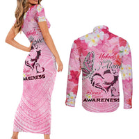 Butterfly Polynesia Breast Cancer Couples Matching Short Sleeve Bodycon Dress and Long Sleeve Button Shirt Nobody Fights Alone Pink Out Tropical Hibiscus