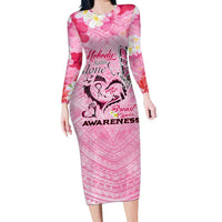 Butterfly Polynesia Breast Cancer Family Matching Long Sleeve Bodycon Dress and Hawaiian Shirt Nobody Fights Alone Pink Out Tropical Hibiscus DT02 Mom's Dress Pink - Polynesian Pride