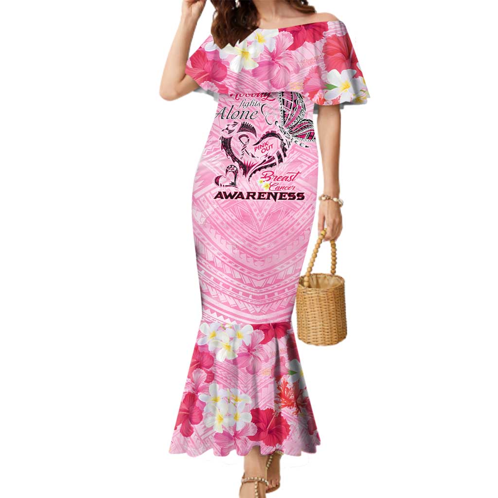 Butterfly Polynesia Breast Cancer Family Matching Mermaid Dress and Hawaiian Shirt Nobody Fights Alone Pink Out Tropical Hibiscus DT02 Mom's Dress Pink - Polynesian Pride