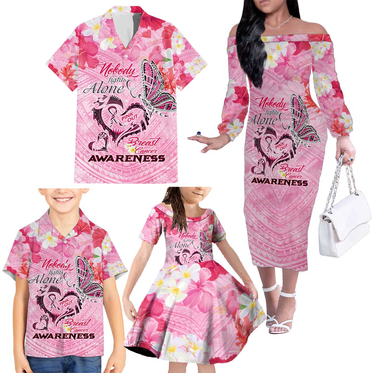 Butterfly Polynesia Breast Cancer Family Matching Off The Shoulder Long Sleeve Dress and Hawaiian Shirt Nobody Fights Alone Pink Out Tropical Hibiscus DT02 - Polynesian Pride