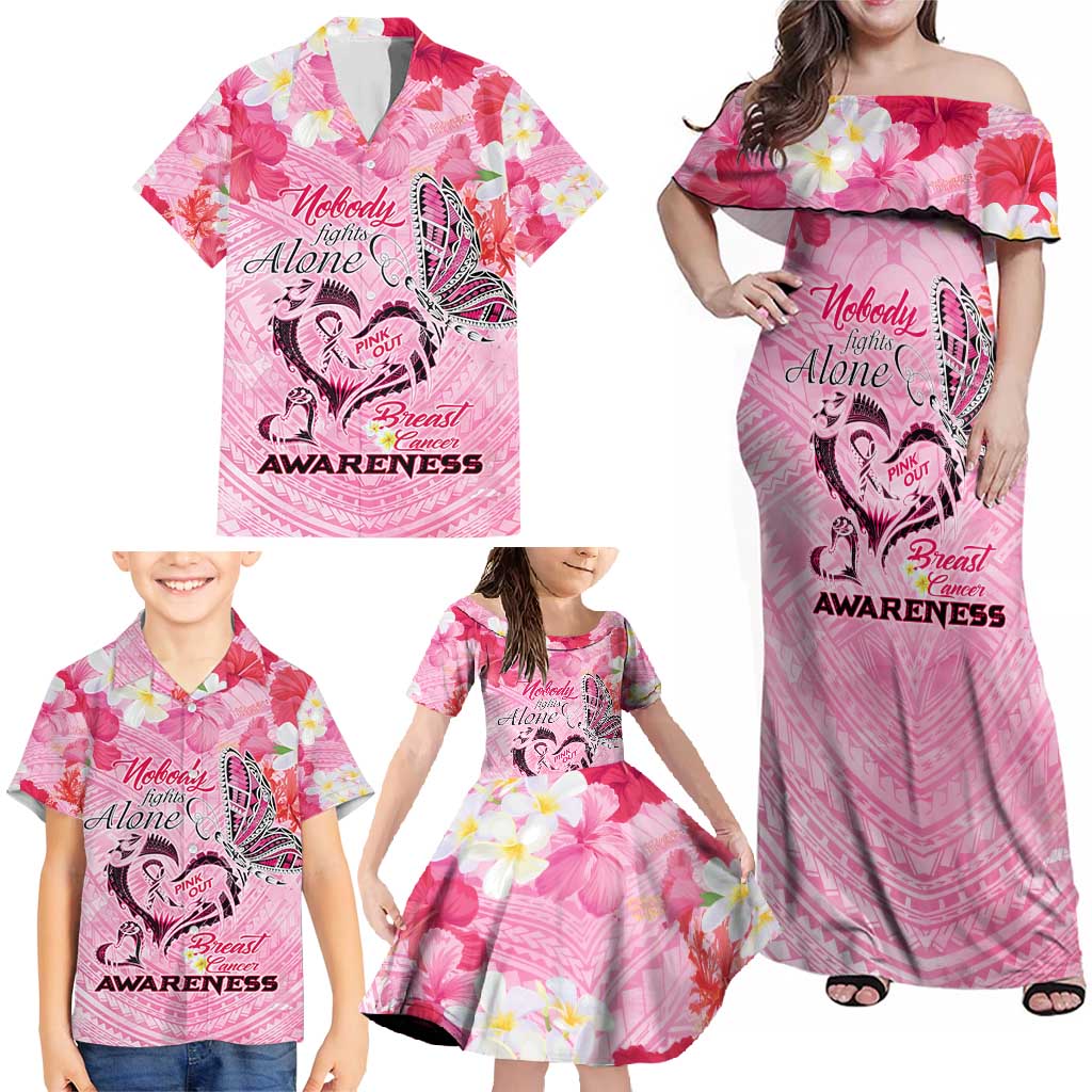 Butterfly Polynesia Breast Cancer Family Matching Off Shoulder Maxi Dress and Hawaiian Shirt Nobody Fights Alone Pink Out Tropical Hibiscus DT02 - Polynesian Pride