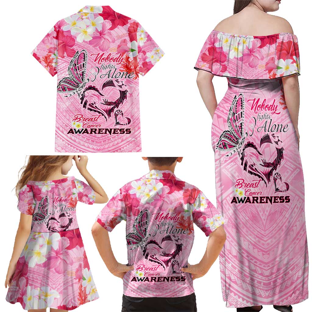 Butterfly Polynesia Breast Cancer Family Matching Off Shoulder Maxi Dress and Hawaiian Shirt Nobody Fights Alone Pink Out Tropical Hibiscus DT02 - Polynesian Pride