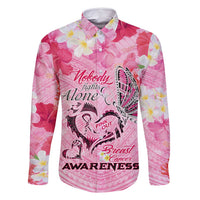 Butterfly Polynesia Breast Cancer Family Matching Off Shoulder Maxi Dress and Hawaiian Shirt Nobody Fights Alone Pink Out Tropical Hibiscus DT02 Dad's Shirt - Long Sleeve Pink - Polynesian Pride
