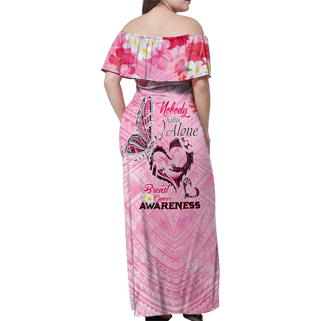 Butterfly Polynesia Breast Cancer Family Matching Off Shoulder Maxi Dress and Hawaiian Shirt Nobody Fights Alone Pink Out Tropical Hibiscus DT02 - Polynesian Pride
