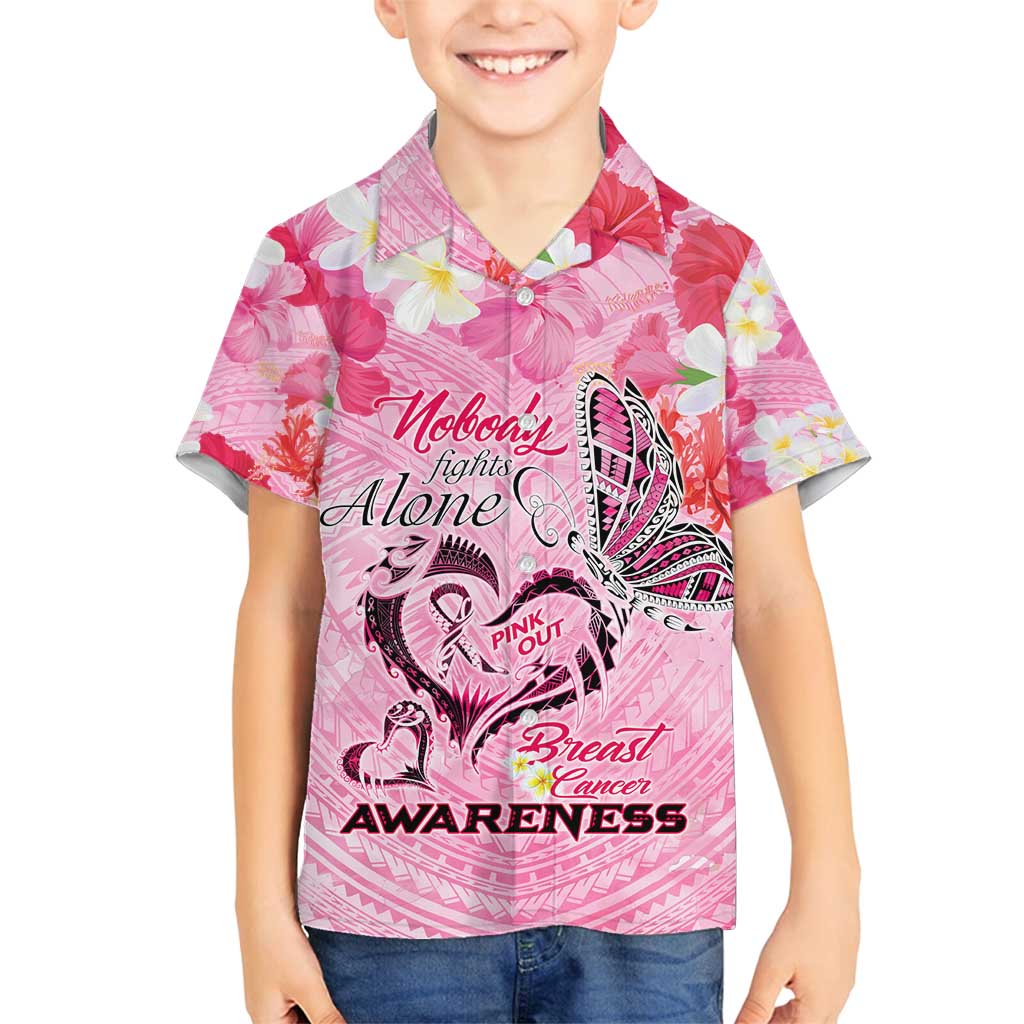 Butterfly Polynesia Breast Cancer Family Matching Off Shoulder Maxi Dress and Hawaiian Shirt Nobody Fights Alone Pink Out Tropical Hibiscus DT02 Son's Shirt Pink - Polynesian Pride