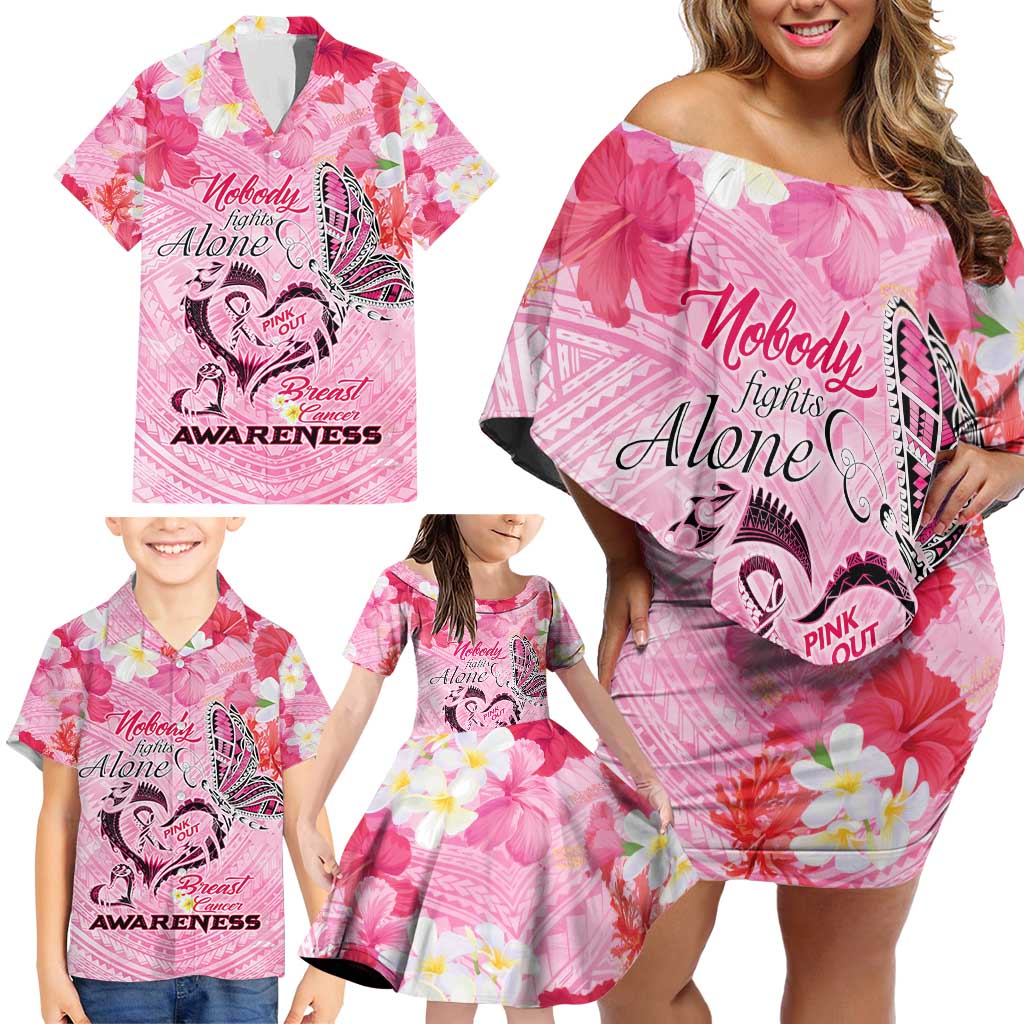 Butterfly Polynesia Breast Cancer Family Matching Off Shoulder Short Dress and Hawaiian Shirt Nobody Fights Alone Pink Out Tropical Hibiscus DT02 - Polynesian Pride