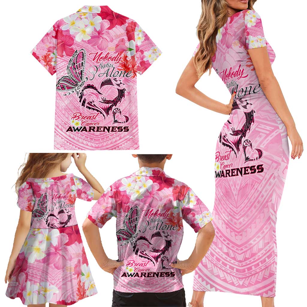 Butterfly Polynesia Breast Cancer Family Matching Short Sleeve Bodycon Dress and Hawaiian Shirt Nobody Fights Alone Pink Out Tropical Hibiscus DT02 - Polynesian Pride