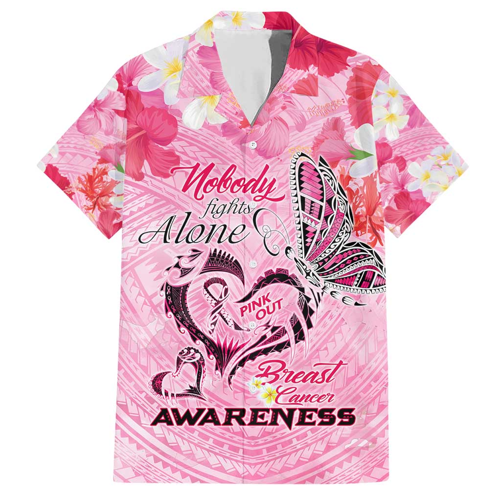 Butterfly Polynesia Breast Cancer Family Matching Short Sleeve Bodycon Dress and Hawaiian Shirt Nobody Fights Alone Pink Out Tropical Hibiscus DT02 Dad's Shirt - Short Sleeve Pink - Polynesian Pride