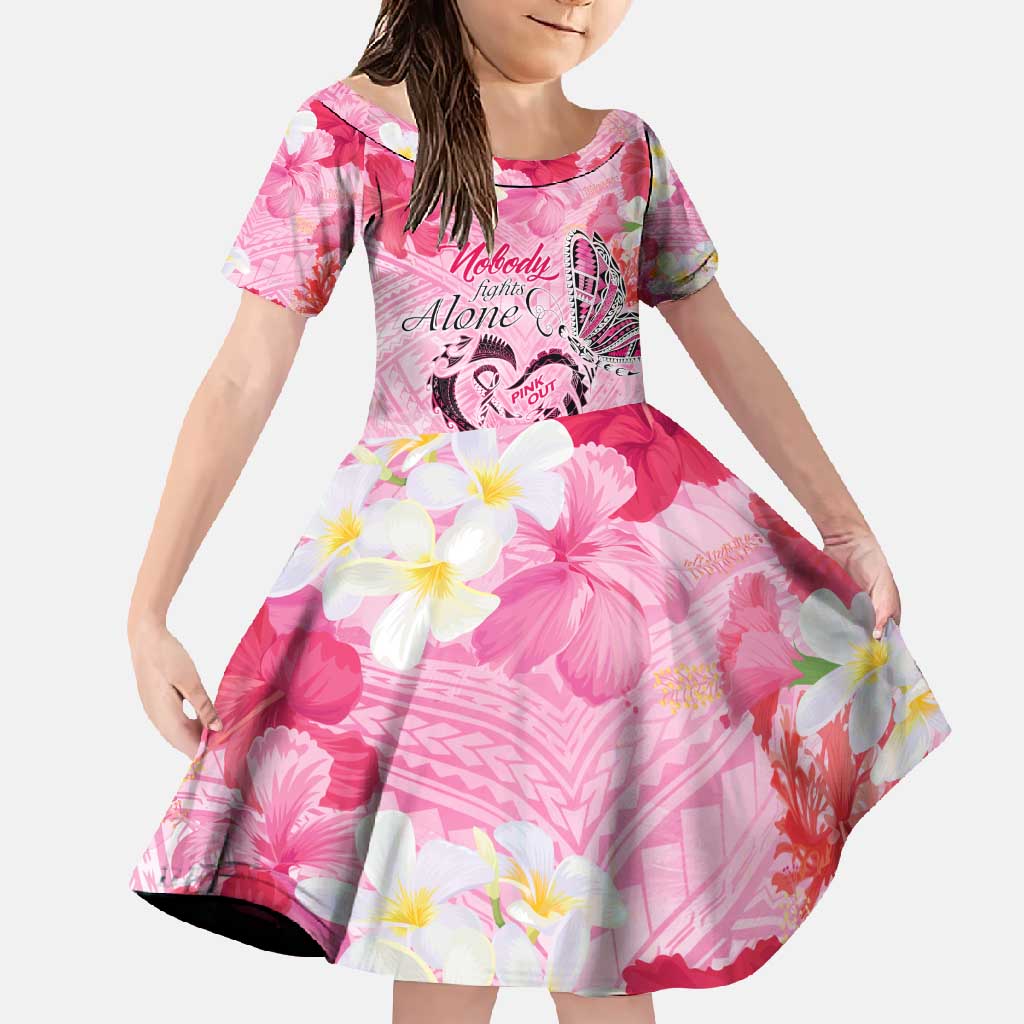 Butterfly Polynesia Breast Cancer Family Matching Summer Maxi Dress and Hawaiian Shirt Nobody Fights Alone Pink Out Tropical Hibiscus DT02 Daughter's Dress Pink - Polynesian Pride
