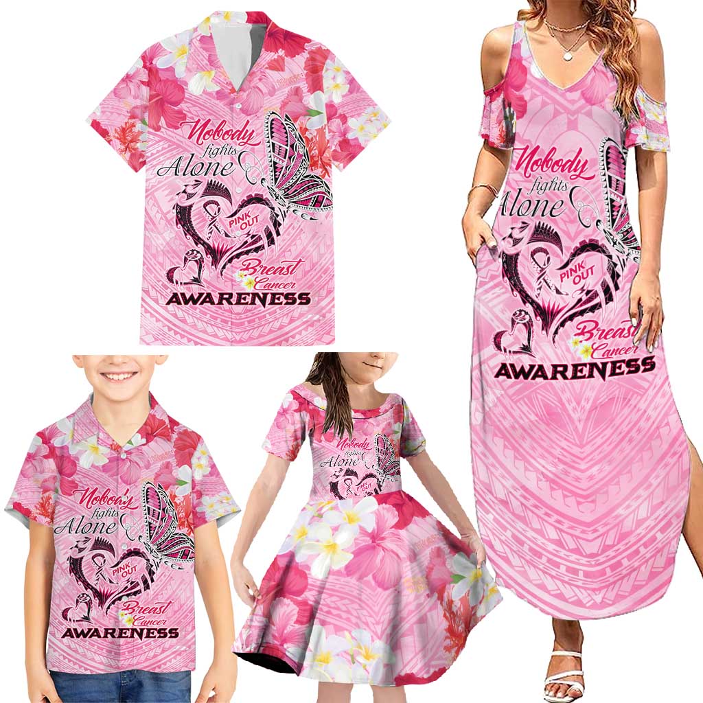 Butterfly Polynesia Breast Cancer Family Matching Summer Maxi Dress and Hawaiian Shirt Nobody Fights Alone Pink Out Tropical Hibiscus DT02 - Polynesian Pride