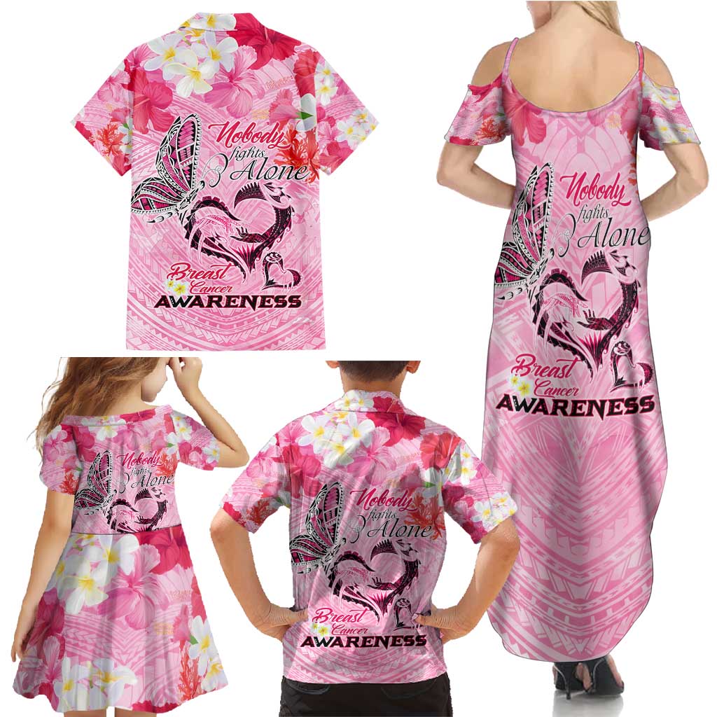 Butterfly Polynesia Breast Cancer Family Matching Summer Maxi Dress and Hawaiian Shirt Nobody Fights Alone Pink Out Tropical Hibiscus DT02 - Polynesian Pride