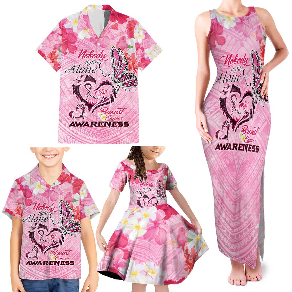 Butterfly Polynesia Breast Cancer Family Matching Tank Maxi Dress and Hawaiian Shirt Nobody Fights Alone Pink Out Tropical Hibiscus DT02 - Polynesian Pride