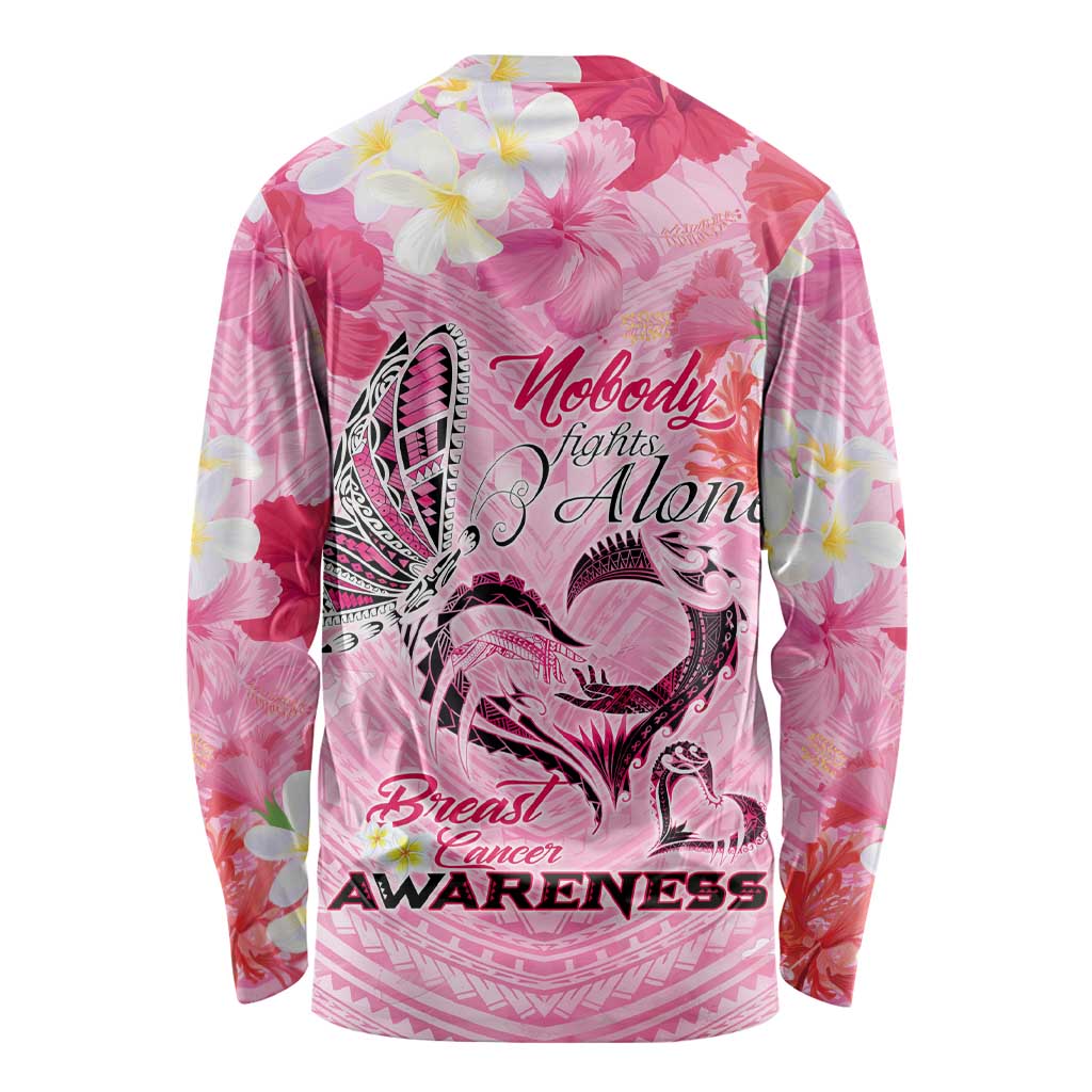 Butterfly Polynesia Breast Cancer Long Sleeve Shirt Nobody Fights Alone Pink Out Tropical Hibiscus