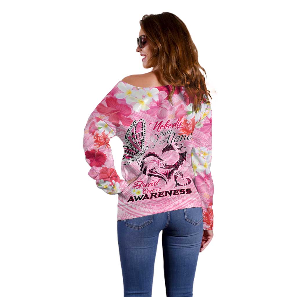 Butterfly Polynesia Breast Cancer Off Shoulder Sweater Nobody Fights Alone Pink Out Tropical Hibiscus DT02 - Polynesian Pride