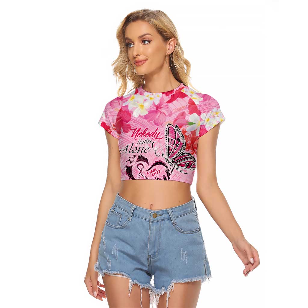 Butterfly Polynesia Breast Cancer Raglan Cropped T Shirt Nobody Fights Alone Pink Out Tropical Hibiscus