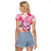 Butterfly Polynesia Breast Cancer Raglan Cropped T Shirt Nobody Fights Alone Pink Out Tropical Hibiscus