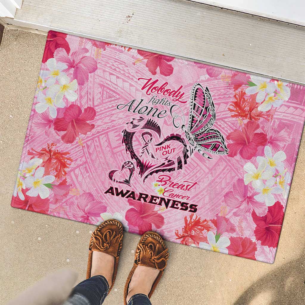 Butterfly Polynesia Breast Cancer Rubber Doormat Nobody Fights Alone Pink Out Tropical Hibiscus