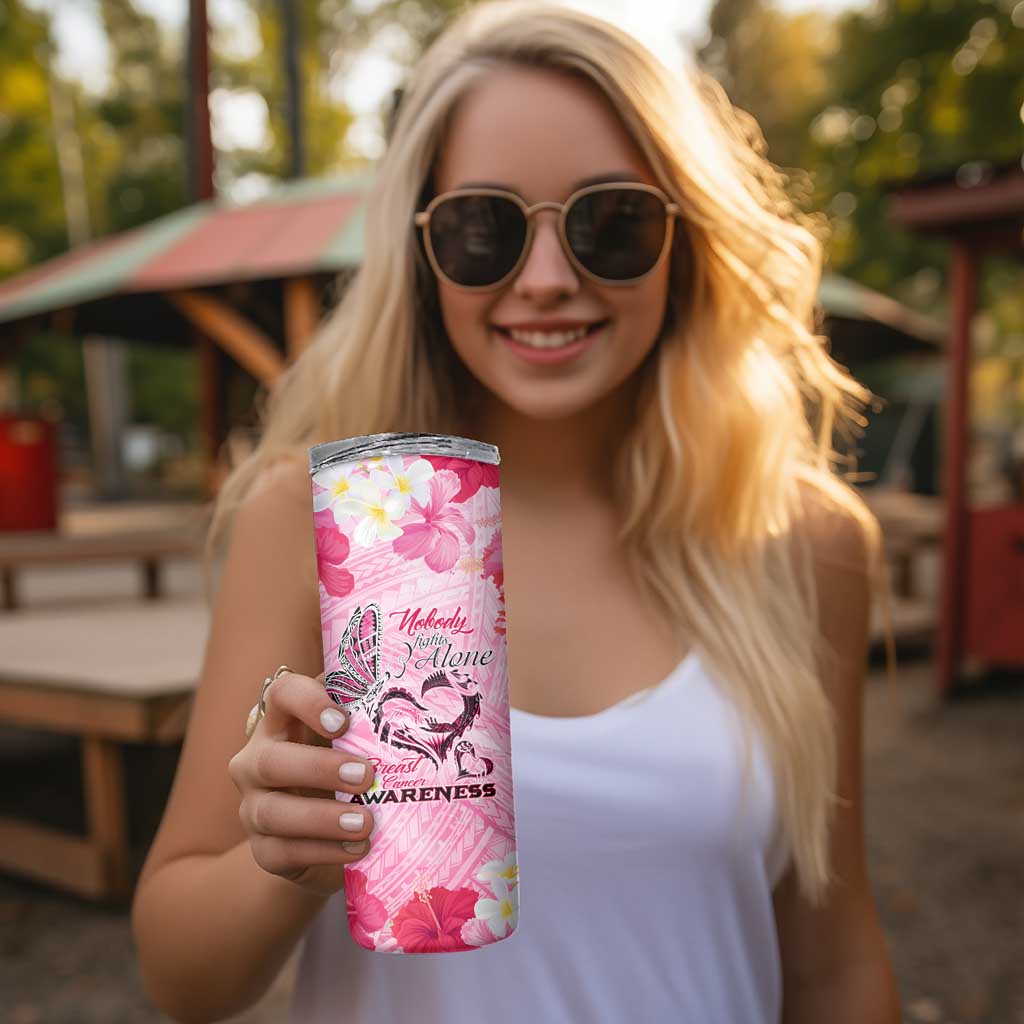 Butterfly Polynesia Breast Cancer Skinny Tumbler Nobody Fights Alone Pink Out Tropical Hibiscus