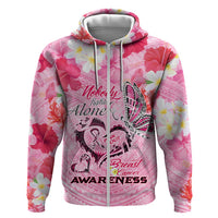 Butterfly Polynesia Breast Cancer Zip Hoodie Nobody Fights Alone Pink Out Tropical Hibiscus