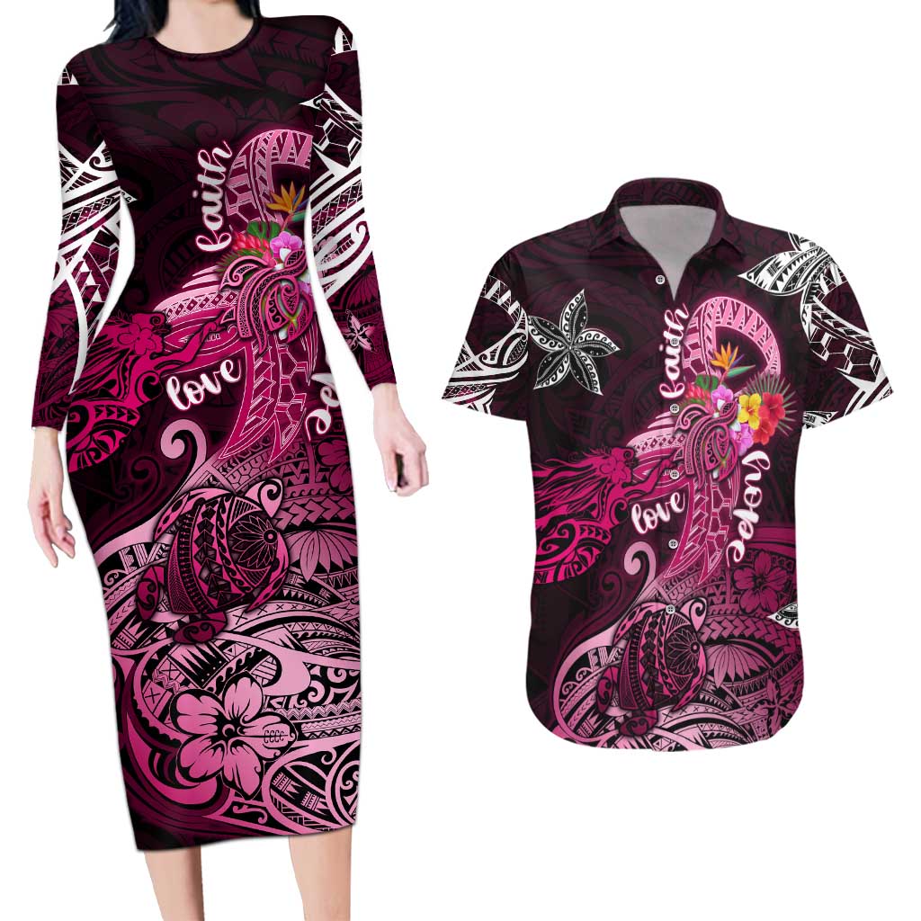 Breast Cancer Mermaid Polynesia Couples Matching Long Sleeve Bodycon Dress and Hawaiian Shirt Faith Hope Love DT02 Pink - Polynesian Pride