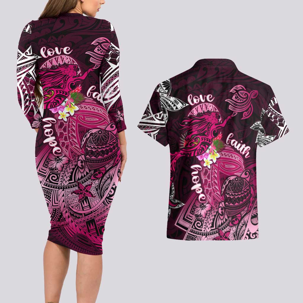 Breast Cancer Mermaid Polynesia Couples Matching Long Sleeve Bodycon Dress and Hawaiian Shirt Faith Hope Love DT02 - Polynesian Pride