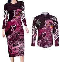 Breast Cancer Mermaid Polynesia Couples Matching Long Sleeve Bodycon Dress and Long Sleeve Button Shirt Faith Hope Love