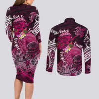 Breast Cancer Mermaid Polynesia Couples Matching Long Sleeve Bodycon Dress and Long Sleeve Button Shirt Faith Hope Love