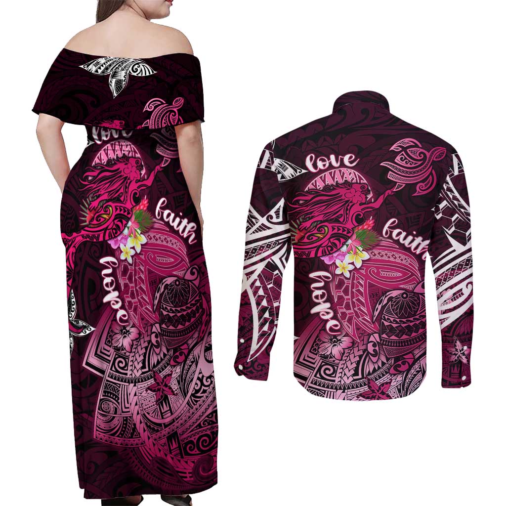 Breast Cancer Mermaid Polynesia Couples Matching Off Shoulder Maxi Dress and Long Sleeve Button Shirt Faith Hope Love