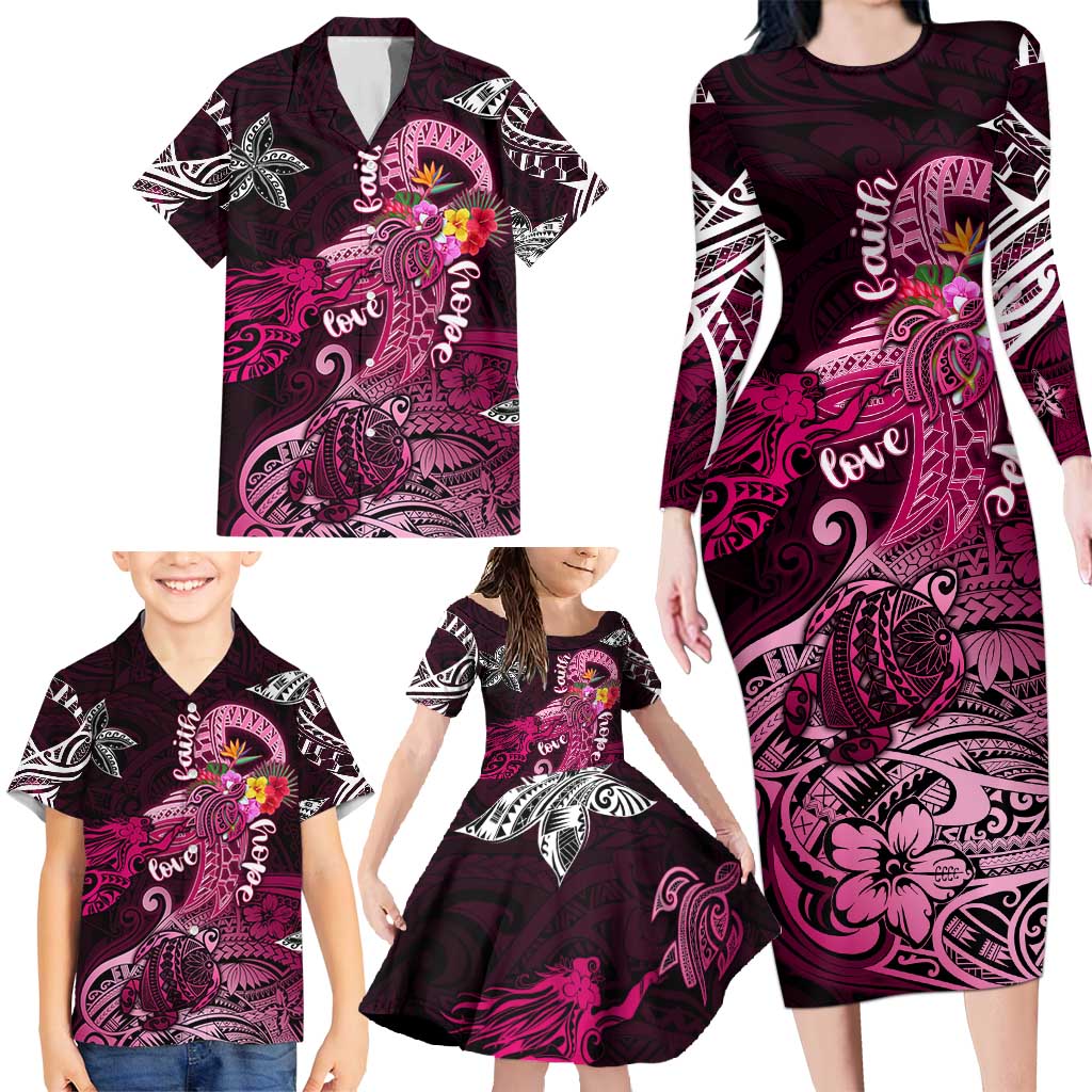 Breast Cancer Mermaid Polynesia Family Matching Long Sleeve Bodycon Dress and Hawaiian Shirt Faith Hope Love DT02 - Polynesian Pride