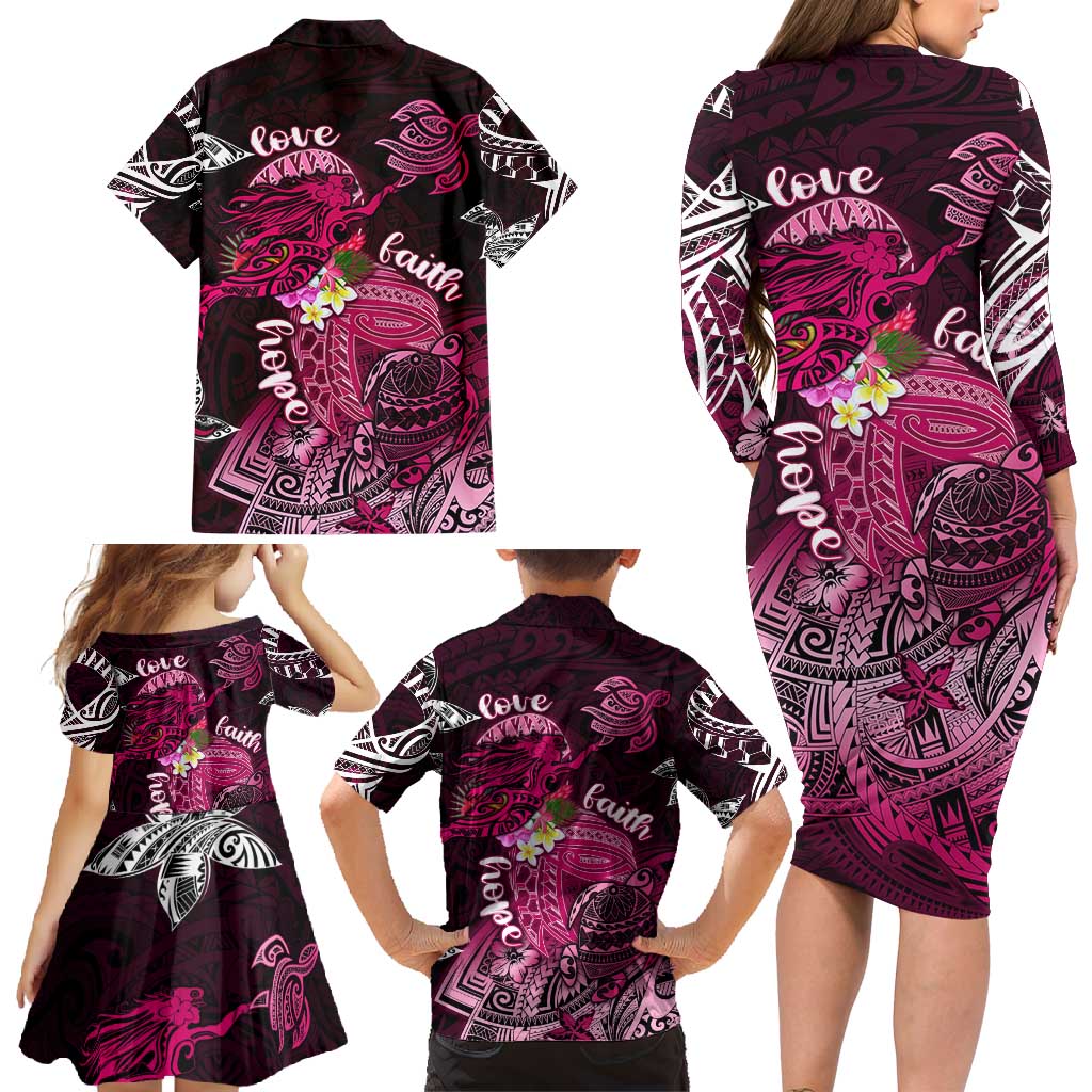Breast Cancer Mermaid Polynesia Family Matching Long Sleeve Bodycon Dress and Hawaiian Shirt Faith Hope Love DT02 - Polynesian Pride