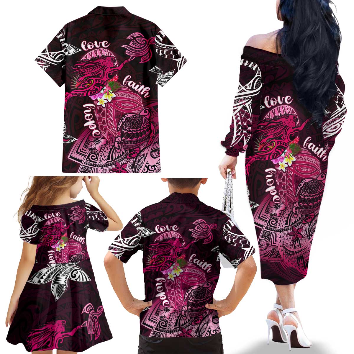 Breast Cancer Mermaid Polynesia Family Matching Off The Shoulder Long Sleeve Dress and Hawaiian Shirt Faith Hope Love DT02 - Polynesian Pride