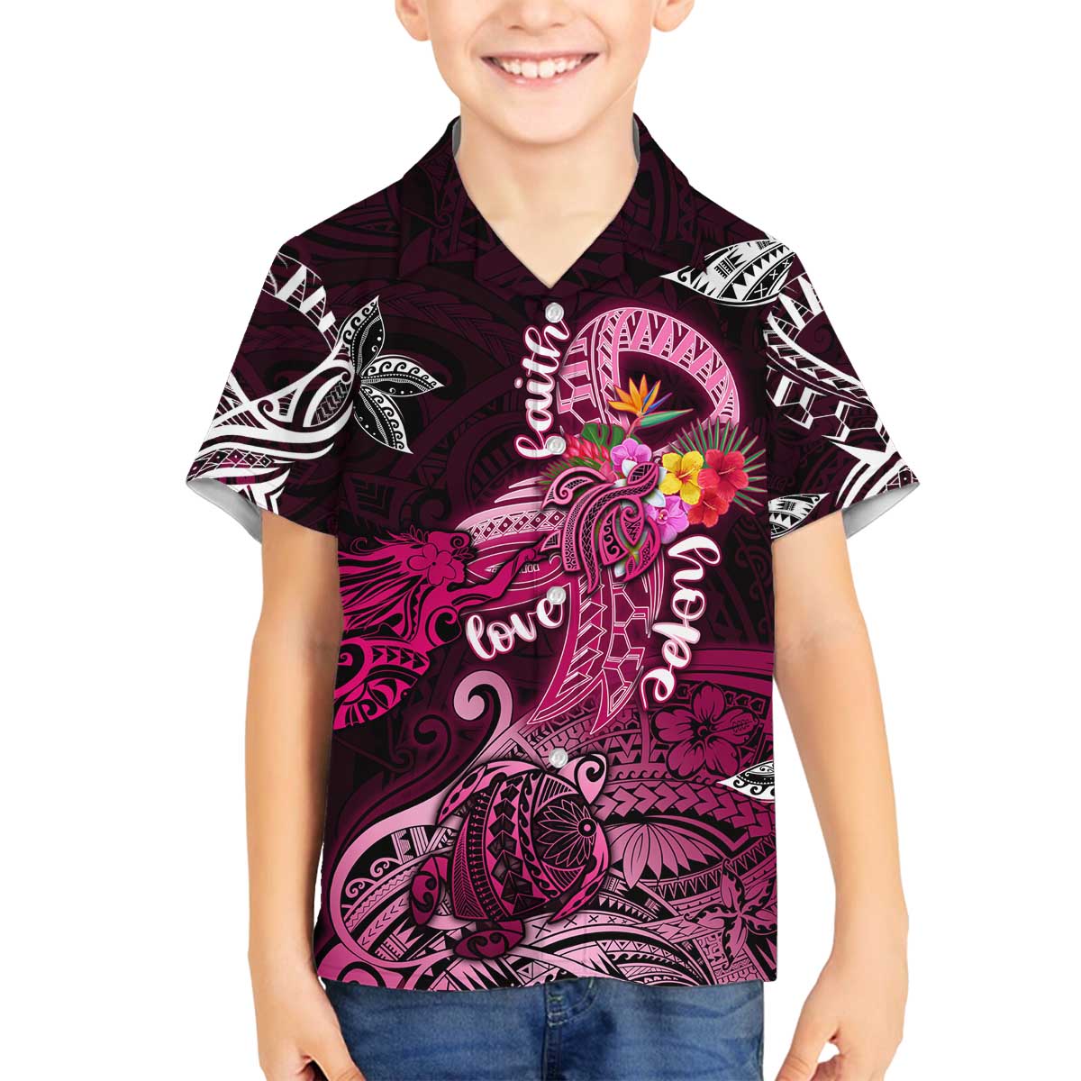 Breast Cancer Mermaid Polynesia Family Matching Off The Shoulder Long Sleeve Dress and Hawaiian Shirt Faith Hope Love DT02 Son's Shirt Pink - Polynesian Pride