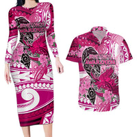 Breast Cancer Awareness Hawaii Couples Matching Long Sleeve Bodycon Dress and Hawaiian Shirt Polynesia Girl Nobody Fights Alone DT02 Pink - Polynesian Pride