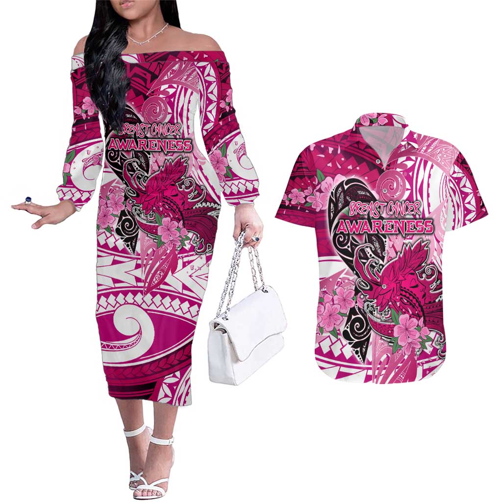 Breast Cancer Awareness Hawaii Couples Matching Off The Shoulder Long Sleeve Dress and Hawaiian Shirt Polynesia Girl Nobody Fights Alone DT02 Pink - Polynesian Pride