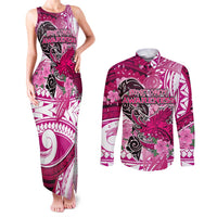 Breast Cancer Awareness Hawaii Couples Matching Tank Maxi Dress and Long Sleeve Button Shirt Polynesia Girl Nobody Fights Alone