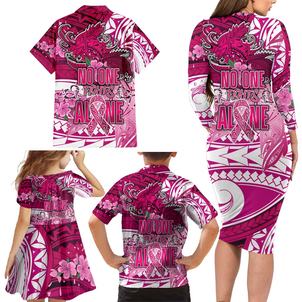 Breast Cancer Awareness Hawaii Family Matching Long Sleeve Bodycon Dress and Hawaiian Shirt Polynesia Girl Nobody Fights Alone DT02 - Polynesian Pride