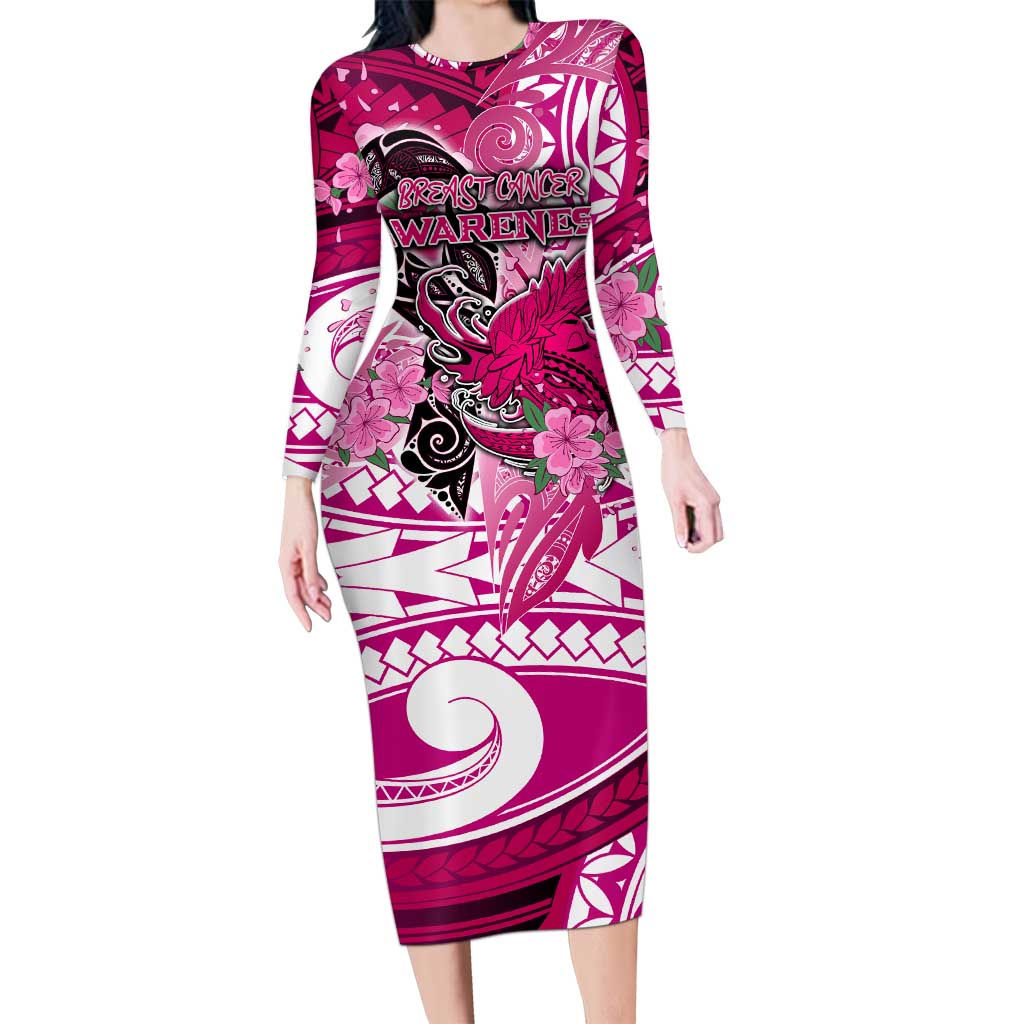 Breast Cancer Awareness Hawaii Family Matching Long Sleeve Bodycon Dress and Hawaiian Shirt Polynesia Girl Nobody Fights Alone DT02 Mom's Dress Pink - Polynesian Pride