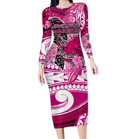 Breast Cancer Awareness Hawaii Family Matching Long Sleeve Bodycon Dress and Hawaiian Shirt Polynesia Girl Nobody Fights Alone DT02 Mom's Dress Pink - Polynesian Pride