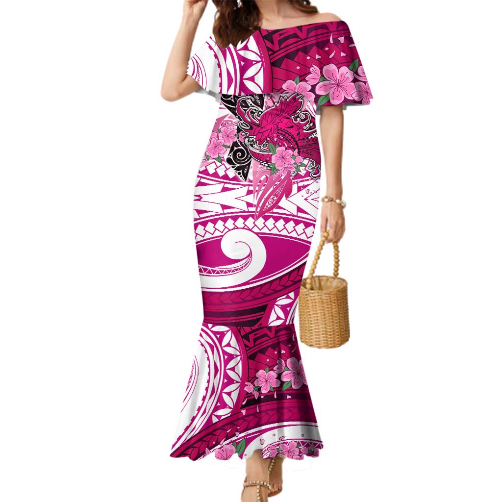 Breast Cancer Awareness Hawaii Family Matching Mermaid Dress and Hawaiian Shirt Polynesia Girl Nobody Fights Alone DT02 Mom's Dress Pink - Polynesian Pride